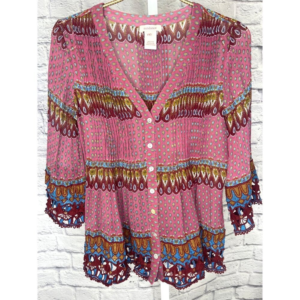 Sundance Silk Boho Embroidered Button Down Blouse Size PXS